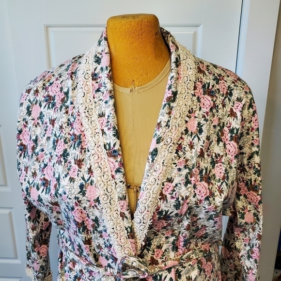 VINTAGE VICTORIA'S SECRET BEIGE PINK FLORAL COTTON ROBE WOMEN M/L COTTAGECORE - Picture 13 of 13